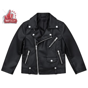 Kids Black Leather Moto Jacket | Handmade Biker Coat 3T-14T | Genuine Cow Leather Toddler & Youth Jacket |