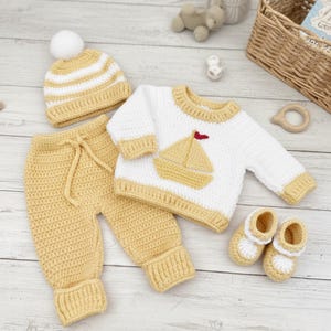 Handgemaakte gehaakte baby-outfit voor zeilboot | 4-delige gebreide set