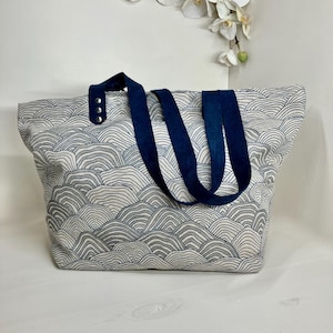 Può includere: Una grande borsa tote con un motivo a onde nei toni del grigio e del bianco. La borsa ha manici blu navy ed è fissata con rivetti blu navy. La borsa è realizzata in un tessuto robusto ed è adatta al trasporto di vari oggetti.