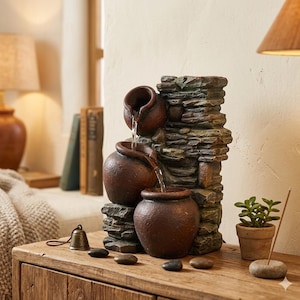 Rustieke tafelbladfontein van gestapelde stenen met trapsgewijs geplaatste kleipotten, een zen-waterpartij voor binnen en huisdecoratie.