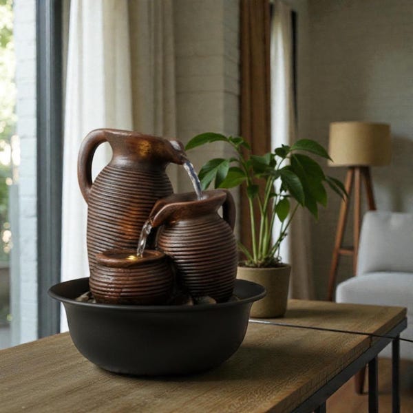 Indoor Tabletop Water Fountain with LED Light – Rustic Ceramic Jug Cascade – Relaxing Home Decor – Zen Desk Fountain