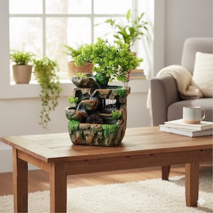 Zen Tabletop Fountain with Artificial Plants and Water Wheel – Soothing Home Décor