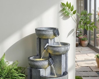 Fontanna ogrodowa z 4-poziomową kaskadą i oświetleniem LED, efekt kamienia, dekoracja tarasu