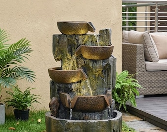 4-Tier Cascading Waterfall Fountain Rustic Ancient Log Bowl Garden Water Feature LED Outdoor Indoor Decor