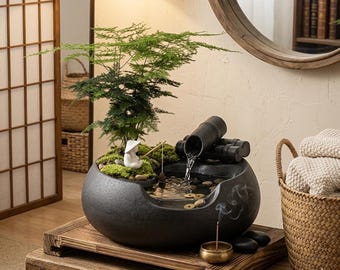Zen Bonsai Garden Tabletop Fountain Indoor Water Feature Feng Shui Miniature Landscape Desk Decor