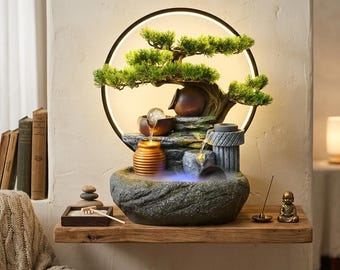 Fontana da interno Zen Bonsai con anello luminoso a LED e cascata da tavolo