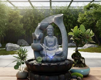 Zen Buddha Tabletop Fountain with LED Lights – Indoor Cascading Waterfall for Relaxation, Meditation, Stress Relief & Home Decor