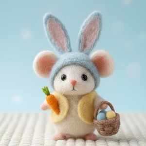 以下が含まれることがあります： 青いウサギの耳の帽子と黄色のベストを着た手作りのフェルトマウス。ニンジンとカラフルな卵が入った小さなバスケットを持っています。マウスはピンクの耳とピンクの鼻をしており、水色の背景に配置されています。