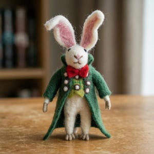 May include: A handmade felt rabbit figure, wearing a green coat, red bow tie, and waistcoat. The rabbit has long ears with pink insides and is standing. A whimsical decorative item, possibly inspired by a storybook character.