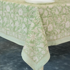 Mantel de algodón con estampado de bloques / Mantel bohemio floral verde claro