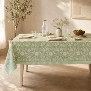 Mantel de algodón con estampado de bloques / Cubremesa bohemio floral verde claro
