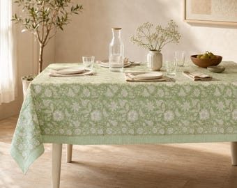 Block Print Cotton Tablecloth | Light Green Floral Boho Table Cover