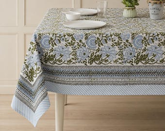 Nappe en coton imprimée à la main | Bleu ciel à fleurs, style bohème