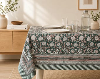 Block Print Cotton Tablecloth | Green Pink Floral Boho Table Cover | Gift for Her