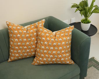 Block Print Throw Pillow Covers - Animal Print Thick Cotton Cushion Cover- Marwari Camel