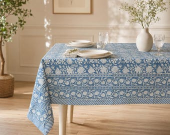 Block Print Cotton Tablecloth | Sky Blue Floral Boho Dining Table Linen | Gift for Her