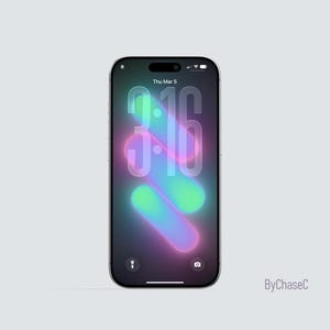 Könnte beinhalten: Ein schwarzes Smartphone zeigt eine Digitaluhr im Neon-Stil mit der Anzeige 3:16. Der Bildschirm hat einen Farbverlauf aus Grün, Blau und Pink. Das Telefon befindet sich vor einem hellgrauen Hintergrund, mit dem Text "ByChaseC" unten rechts.
