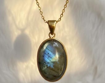 14K Solid Gold Labradorite Pendant Necklace • Blue Flash Gemstone Jewelry