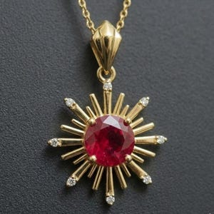 Ruby Sunburst Pendant Necklace, 14k Gold with Diamond Accents