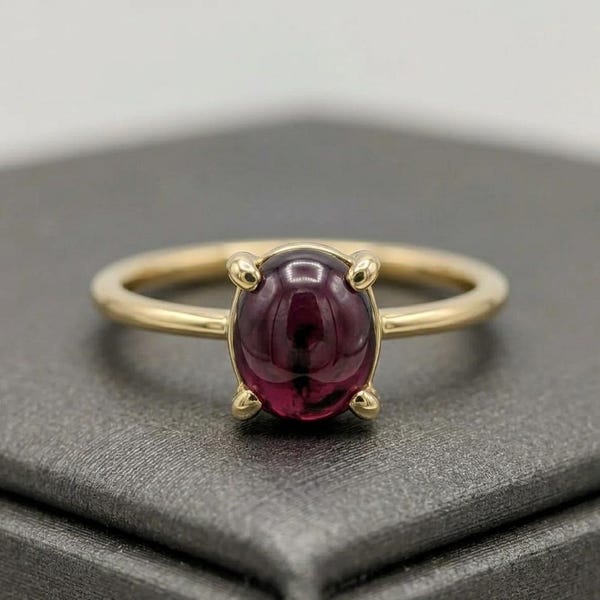 14k Gold Oval Garnet Ring, Natural January Birthstone Solitaire, Minimalist Handmade Jewelry