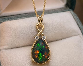 14K Yellow Gold Pear Black Opal Pendant, Australian Diamond Accent, October Birthstone