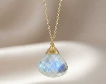 14K Solid Gold Rainbow Moonstone Pendant,  Dainty Moonstone Necklace, Minimalist June Birthstone Jewelry,