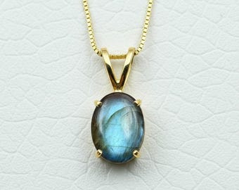 14K Gold Labradorite Pendant, Blue Flash Gemstone Necklace