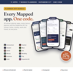 Puede incluir: Un anuncio de paquete de aplicaciones de planificación con 11 apps, 7 planificadores adicionales y un kit de dopamina. El gráfico muestra interfaces de smartphone para Homeschool, Teacher, Student, Meal y ADHD con texto y un sello de ahorro.