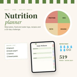 Może przedstawiać: Planer żywieniowy z tekstem Meals, Food, Healthy Habits, Nutrition planner, Meal plans, food and water logs, recipes and a 30-day challenge. Zawiera wykres kołowy Protein, Veg, Fats, Grains, listę zakupów, stronę codziennego wellness oraz tracker wody.