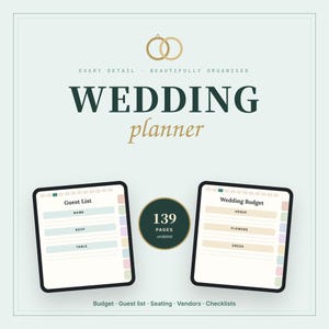 May include: A digital wedding planner featuring the text "WEDDING planner" and "EVERY DETAIL BEAUTIFULLY ORGANISED". Two tablet screens display a "Guest List" with fields for name, RSVP, and table, and a "Wedding Budget" with venue, flowers, and dress fields.