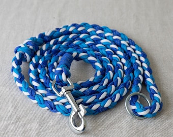 Regulowana smycz dla psa z linki spadochronowej w kolorze turkusowym, niebieskim i białym – ręcznie robiona smycz 8-żyłowa, dwa karabińczyki, solidna i mocna, klasyczny styl