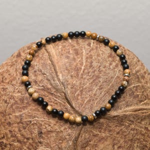 Bracelet minimaliste en pierres précieuses (jaspe paysage, onyx noir et agate), perles de 4 mm, acier inoxydable, bijou du quotidien