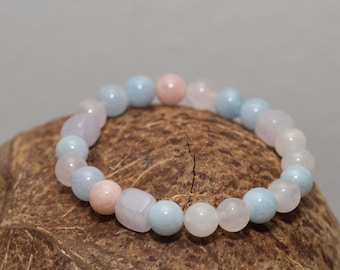 Delicate pastel bracelet made of morganite, aquamarine & rose quartz, feminine elastic or adjustable gemstone bracelet, semi-precious stone jewelry