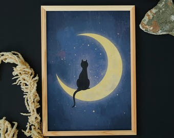 Cuadro decorativo de gato lunar, gato negro sentado sobre la luna creciente, impresión del cielo nocturno, decoración mística de gato, descarga digital