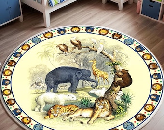 Safari Animals Round Rug, Vintage Nursery Playroom Carpet