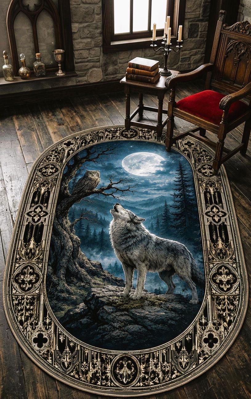 Gothic Oval Rug, Moonlit Wolf, Dark Forest Owl, Witchcore Decor (Washable)