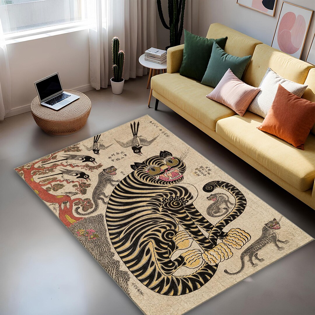 Traditional Korean Rug Minhwa Tiger and Magpie Rug, Vintage Style Korean Folklore Art Carpet ...