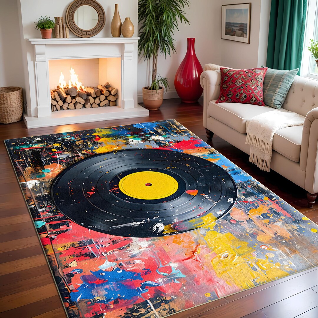 Colorful Retro Record Bamboo Rug, Music Room Decor, Graffiti Goth Style ...