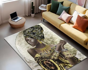 African Woman Art Rug, Afrocentric Boho Decor (Digital Print)