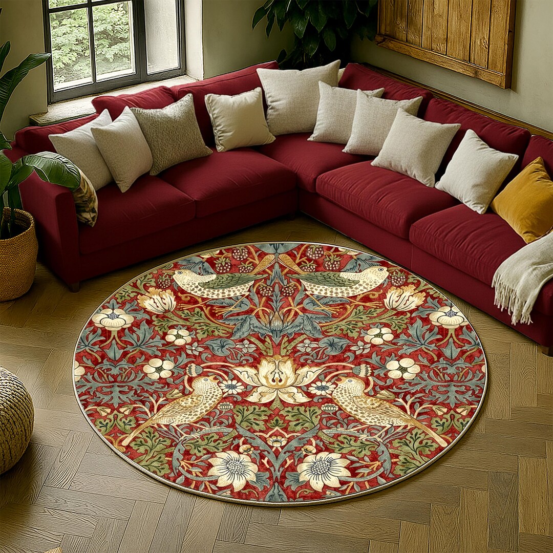 Retro Round Rug William Morris Style Round Rug, Vintage Floral Bird Art, Cottagecore ...