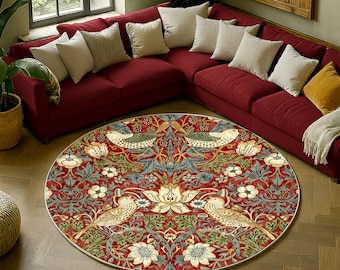 Rond tapijt in William Morris-stijl, vintage bloemenvogelkunst, huisdecoratie Cottagecore