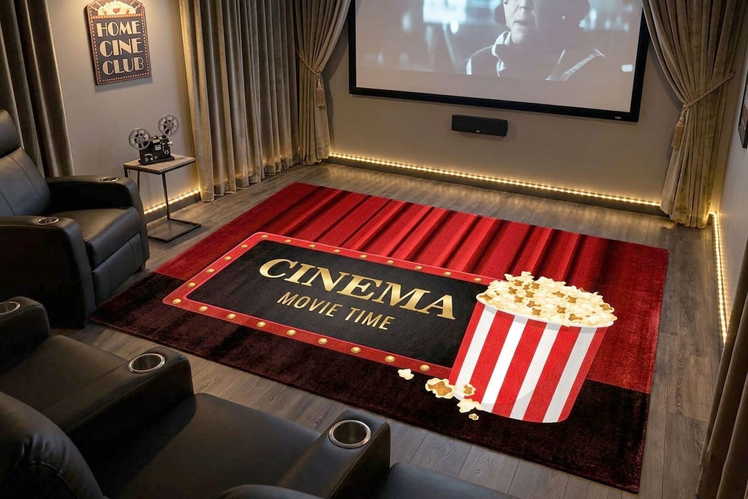 First Popcorn Machine Rug Cinema Movie Time Popcorn Rug, Bamboo Soft Home Theater Decor (washable ...