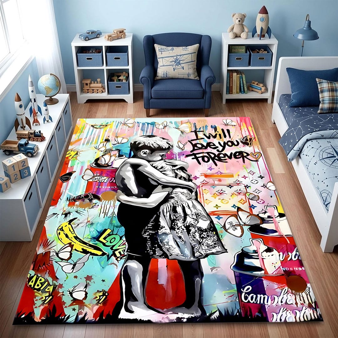 Banksy Brother Sister Graffiti Area Rug, Urban Street Art Carpet ...