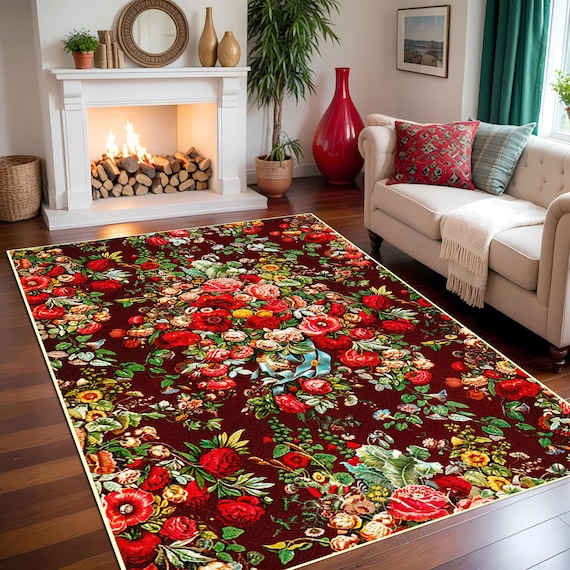 Chintz Floral Rug, 1850s Digby Wyatt Design, Vintage Victorian Art