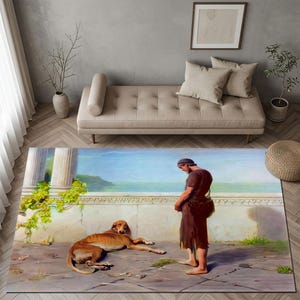 Puede incluir: Una alfombra rectangular con una reproducción impresa de una pintura. La escena muestra a una persona con una túnica marrón de pie en una terraza de piedra junto a un perro marrón tumbado, con columnas blancas, enredaderas y un mar azul de fondo.