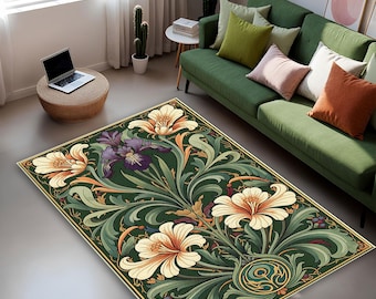 Art Nouveau Floral Rug, Iris Lily Botanical Carpet, Green Pattern