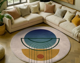 Abstract Geometric Round Rug, Mid Century Modern Circle Rug, Minimalist Art Round Carpet, Boho Modern Area Rug Decor