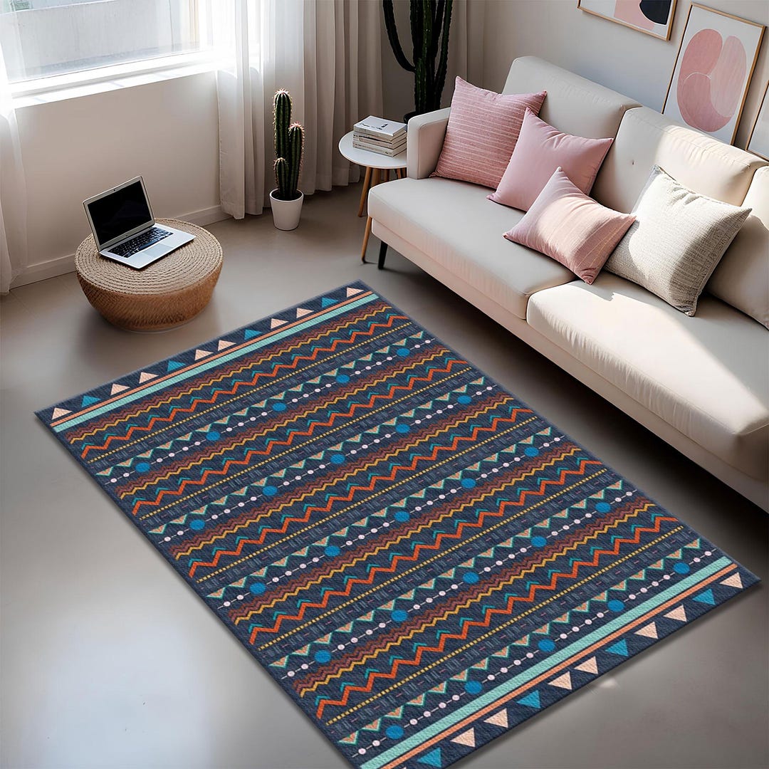Tribal Aztec Area Rug, Blue Orange Geometric Print, Boho Style - Etsy