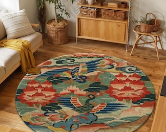 Ming Dynasty Style Area Rug, Peacock Medallion, Chinese Art Tapestry