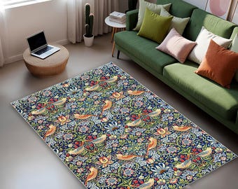 William Morris Strawberry Thief Area Rug, Vintage Arts & Crafts Style